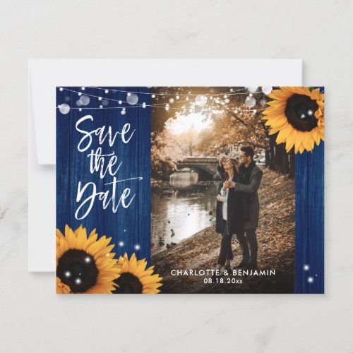 Rustic Wood Navy Blue Sunflower Wedding Photo Save The Date