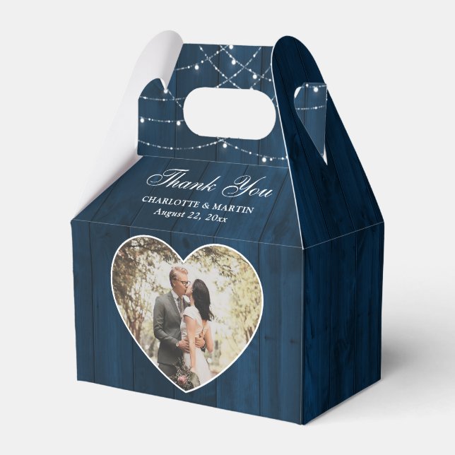 Rustic Wood Navy Blue Wedding Photo Favor Boxes (Front Side)