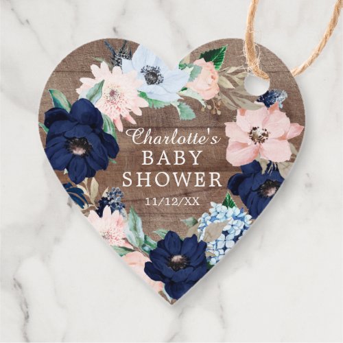 Rustic Wood Navy  Blush Floral Baby Shower Favor Favor Tags