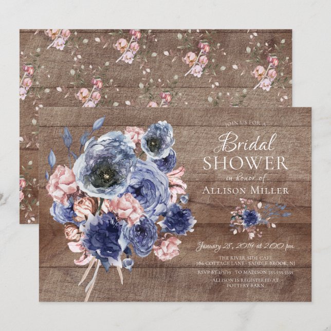 Rustic Wood Navy Blush Floral Bridal Shower Invitation (Front/Back)