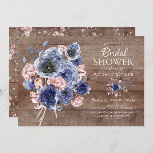 Rustic Wood Navy Blush Floral Bridal Shower Invitation