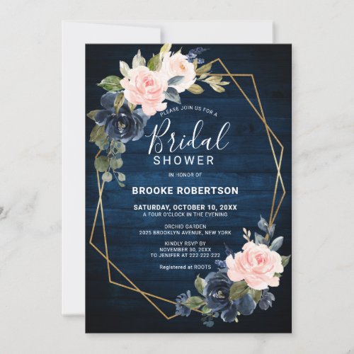 Rustic Wood Navy Blush Geometric Bridal Shower Invitation