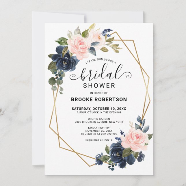 Rustic Wood Navy Blush Geometric Bridal Shower Invitation (Front)