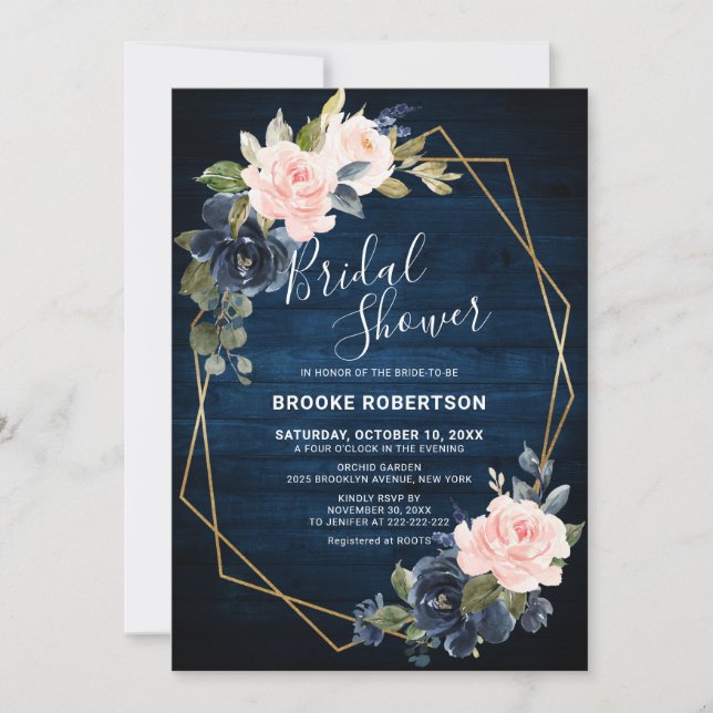 Rustic Wood Navy Blush Geometric Bridal Shower Invitation (Front)