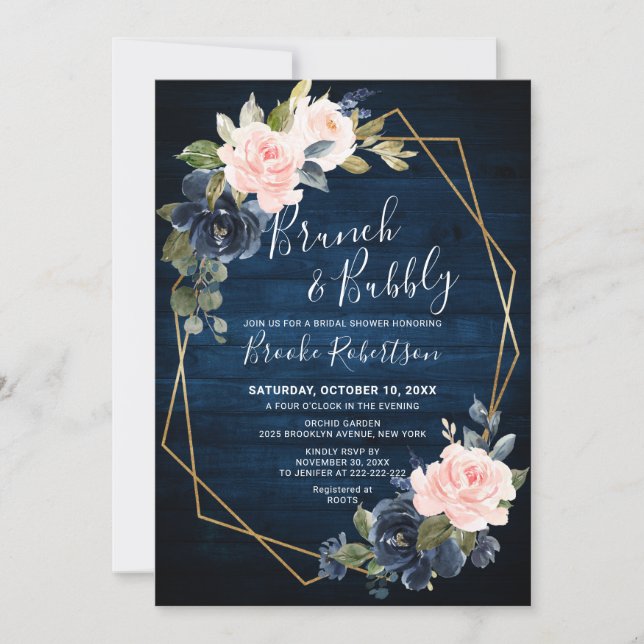 Rustic Wood Navy Blush Geometric Brunch And Bubbly Invitation (Front)