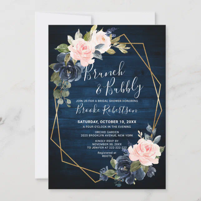 Rustic Wood Navy Blush Geometric Brunch And Bubbly Invitation | Zazzle