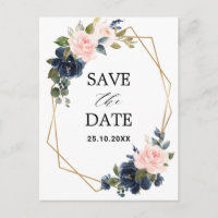 Rustic Wood Navy Blush Geometric Save the Date