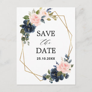 Rustic Wood Navy Blush Geometric Save the Date Postcard