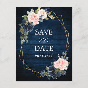 Rustic Wood Navy Blush Geometric Save the Date Postcard