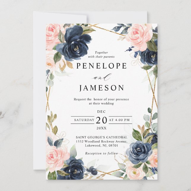 Rustic Wood Navy Blush Geometric Wedding Invitation (Front)