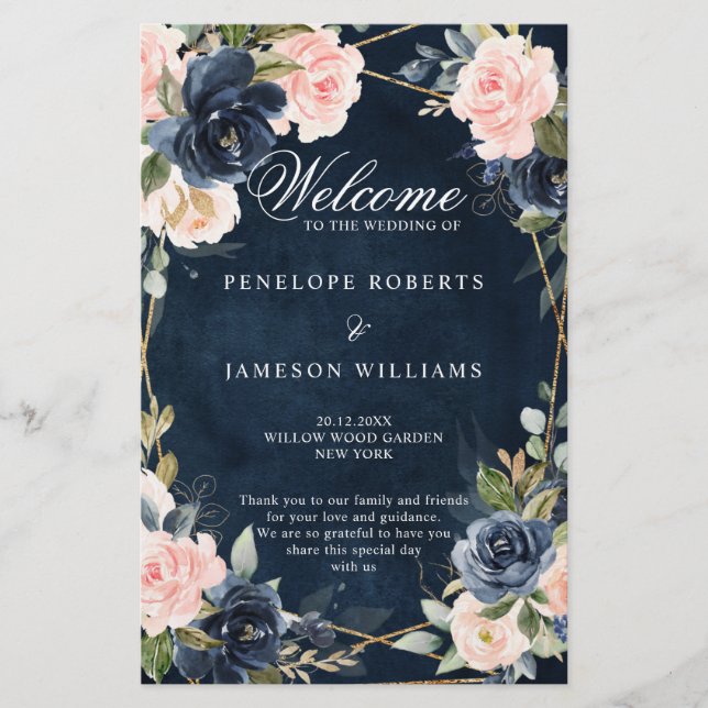 Rustic Wood Navy Blush Geometric Wedding Program (Front)