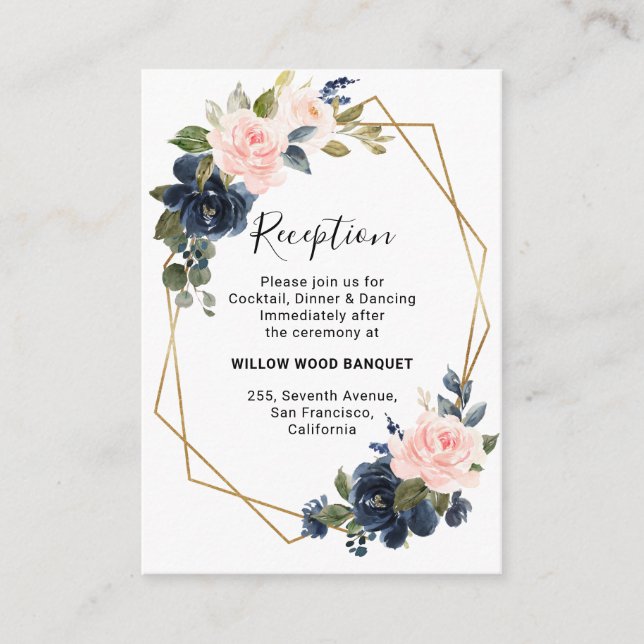Rustic Wood Navy Blush Geometric Wedding Reception Enclosure Card (Front)