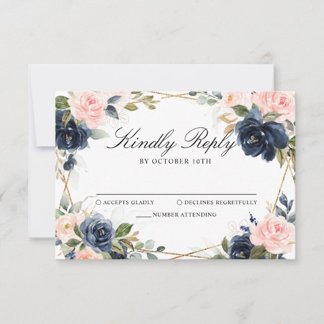 Rustic Wood Navy Blush Geometric Wedding RSVP Card (Front)