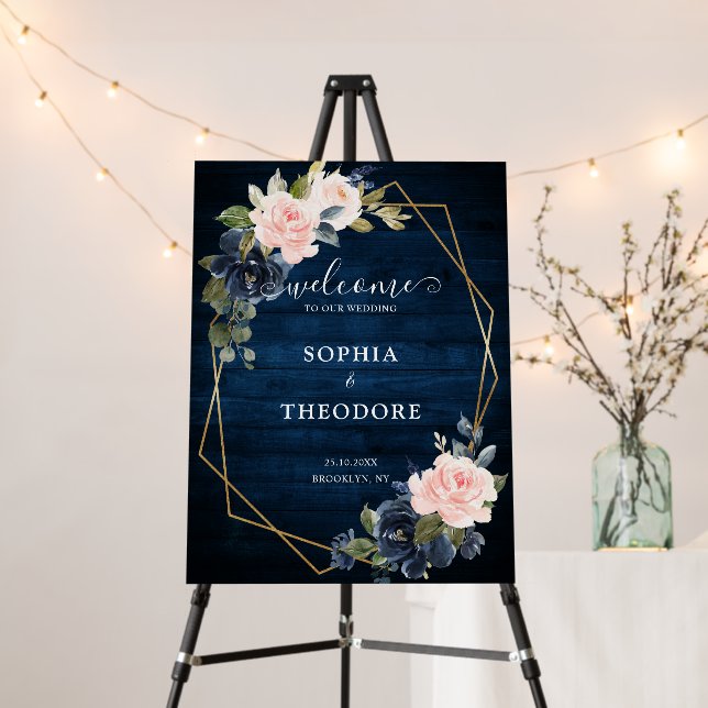 Rustic Wood Navy Blush Geometric Wedding Welcome Foam Board (In Situ (Stand))