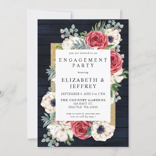 Rustic Wood Navy Burgundy Gold Engagement Party Invitation