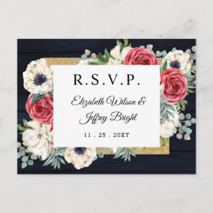 Rustic Wood Navy Burgundy Gold Floral RSVP Invitation Postcard