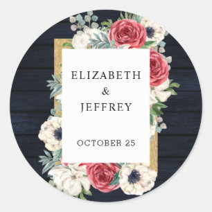 Rustic Wood Navy Burgundy Gold Floral Wedding Classic Round Sticker