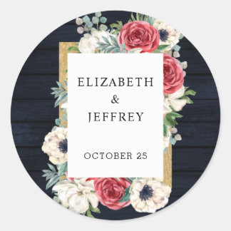 Rustic Wood Navy Burgundy Gold Floral Wedding Classic Round Sticker