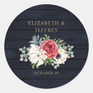 Rustic Wood Navy Burgundy Gold Floral Wedding Classic Round Sticker