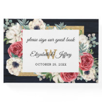 Rustic Wood Navy Burgundy Gold Floral Wedding Guest Book