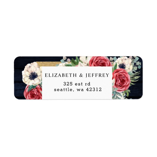 Rustic Wood Navy Burgundy Gold Floral Wedding Label (Front)