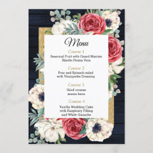 Rustic Wood Navy Burgundy Gold Floral Wedding Menu