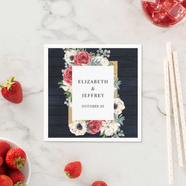 Rustic Wood Navy Burgundy Gold Floral Wedding Napkins (Insitu)