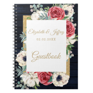 Rustic Wood Navy Burgundy Gold Floral Wedding Notebook