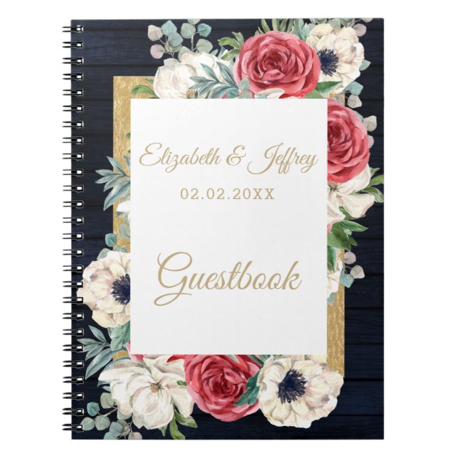 Rustic Wood Navy Burgundy Gold Floral Wedding Notebook (Front)