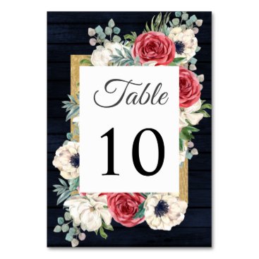 Rustic Wood Navy Burgundy Gold Floral Wedding Table Number