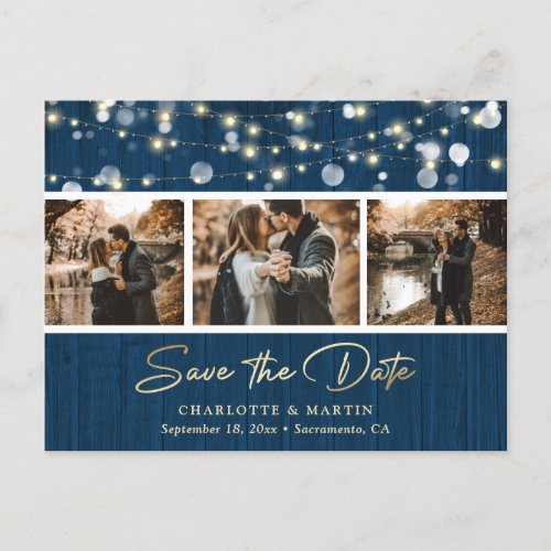 Rustic Wood Navy Gold Wedding Photo Save The Date Announcement Postcard