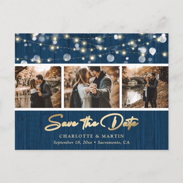 Rustic Wood Navy Gold Wedding Photo Save The Date Announcement Postcard (Front)