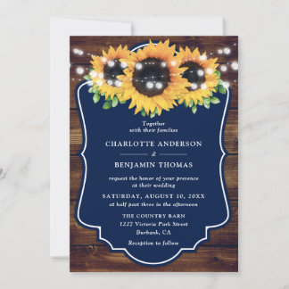 Rustic Wood Navy Sunflower Wedding Invitations