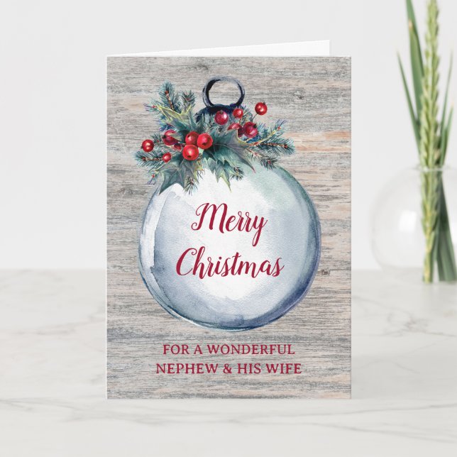 Rustic Wood Nephew and His Wife Merry Christmas Card (Front)
