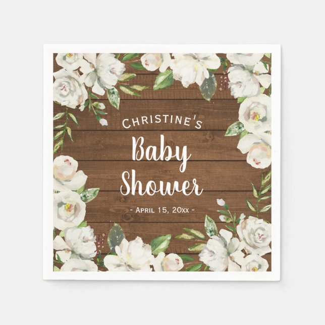 Rustic Wood Neutral Flowers Baby Shower Sprinkle Napkins (Front)