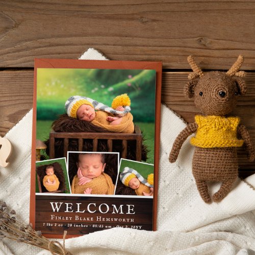 Rustic Wood New Baby Photo Collage Welcome Announcement