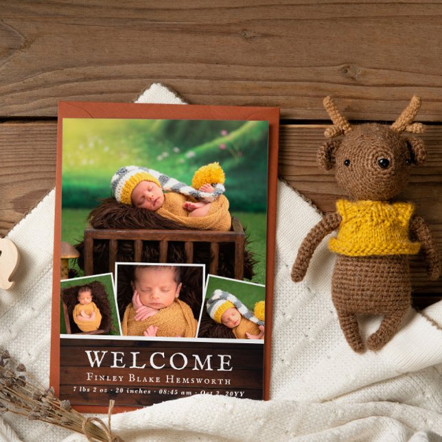 Rustic Wood New Baby Photo Collage Welcome Announcement (Creator Uploaded)