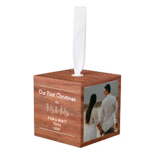 Rustic Wood Newlywed first Christmas three Photo   Cube Ornament
