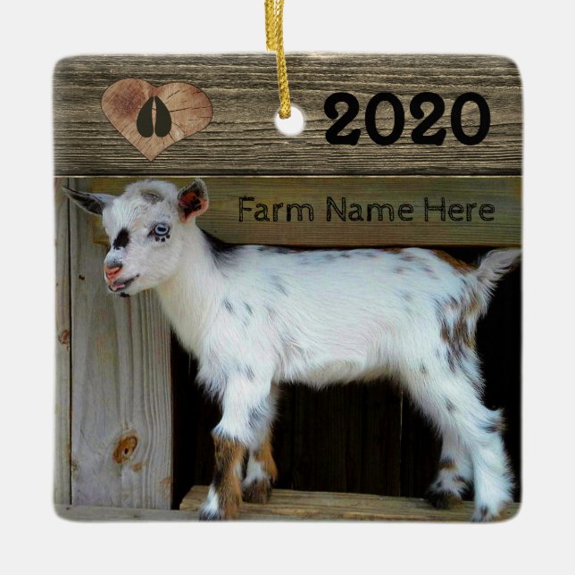Rustic Wood Nigerian Dwarf Goat Hoofprint on Heart Ceramic Ornament (Front)