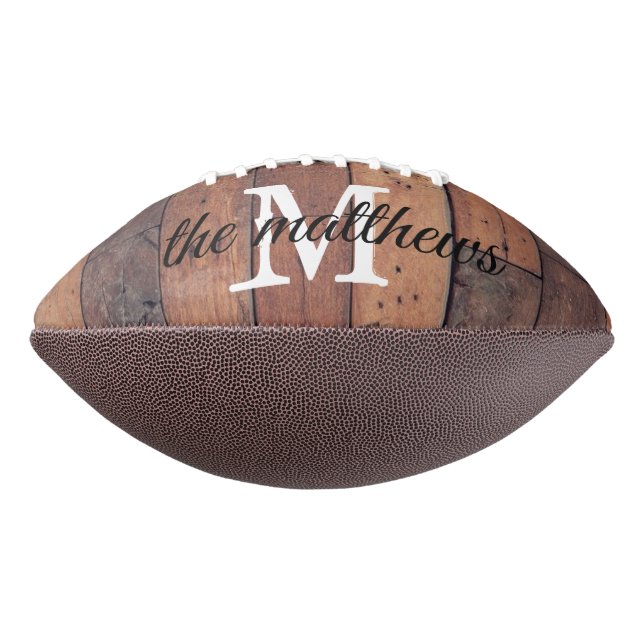 Rustic Wood Oak Barn Monogram Name Script Football (Rotated 270)