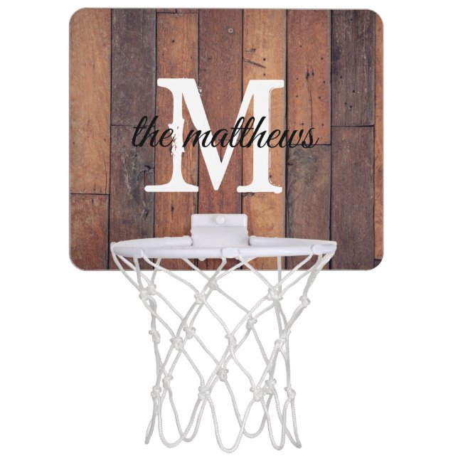 Rustic Wood Oak Barn Monogram Name Script  Mini Basketball Hoop (Front)