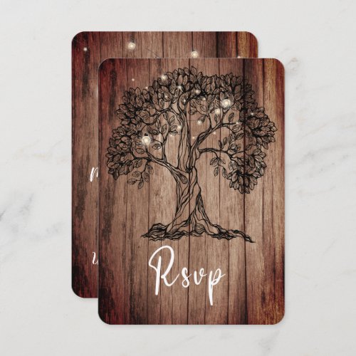 Rustic Wood Oak Tree and String Lights Wedding  RSVP Card