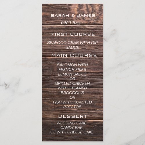 Rustic Wood Oak Wedding Personalised Menu Card