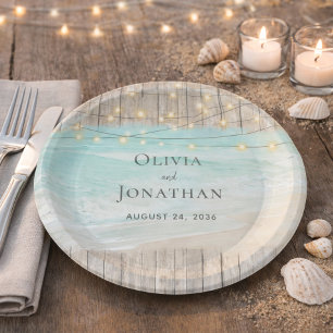Rustic Wood Ocean Beach String Lights Wedding Paper Plates