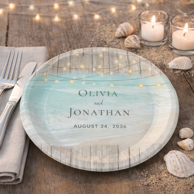 Rustic Wood Ocean Beach String Lights Wedding Paper Plates (Creator Uploaded)