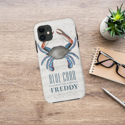 Rustic Wood Ocean Sea Wildlife Nautical Blue Crab iPhone 11 Case