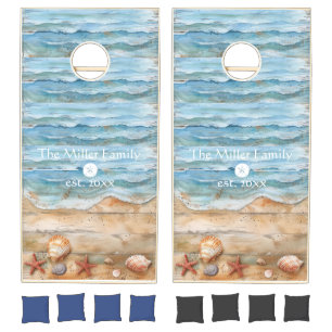 Rustic Wood Ocean Waves and Seashell Cornhole Set