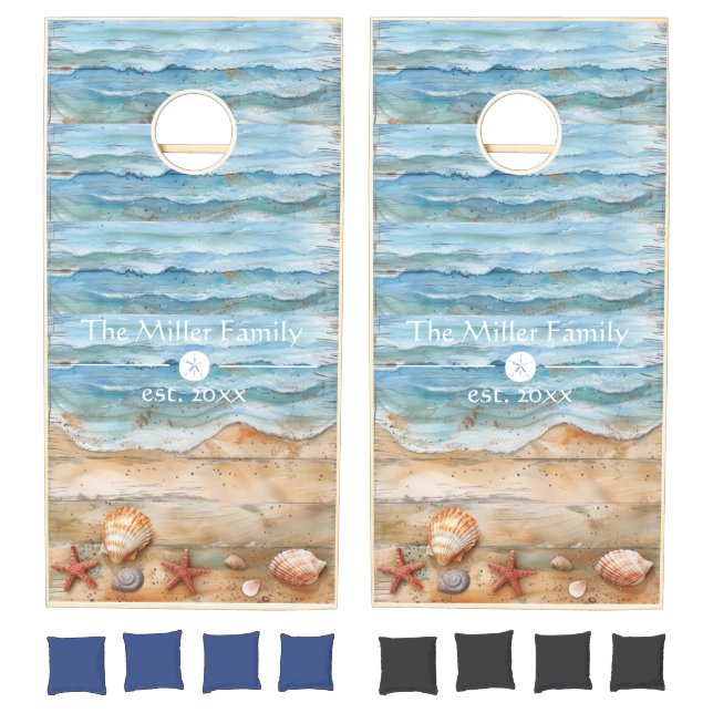 Rustic Wood Ocean Waves and Seashell Cornhole Set (Set)