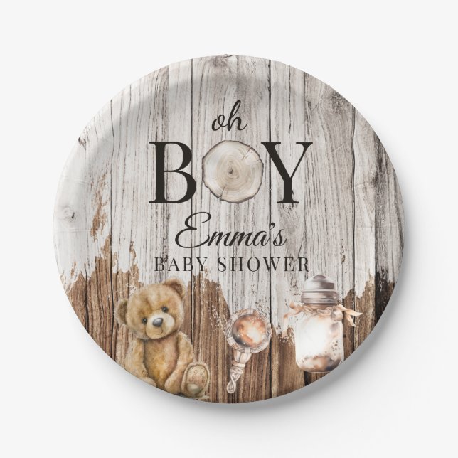 Rustic Wood Oh Boy Baby Shower Invitation Paper Plates (Front)