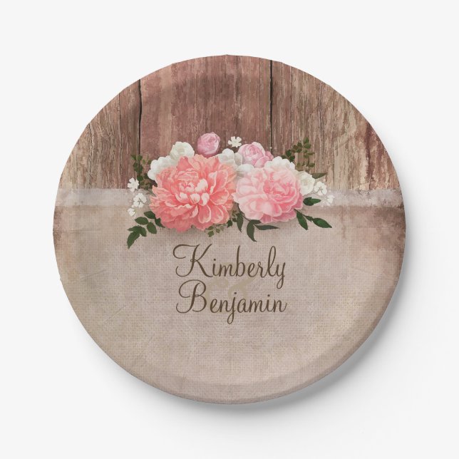 Rustic Wood Old Burlap Pink Flowers Barn Wedding Paper Plates (Front)